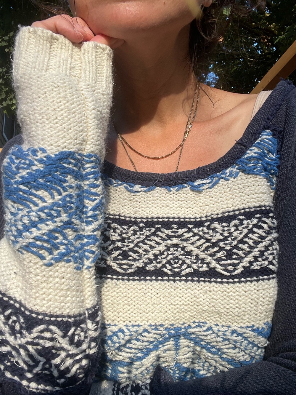 Free People “Snow Angel” Nordic Fair Isle Mixed Knit Pullover Tunic Sweater Navy
